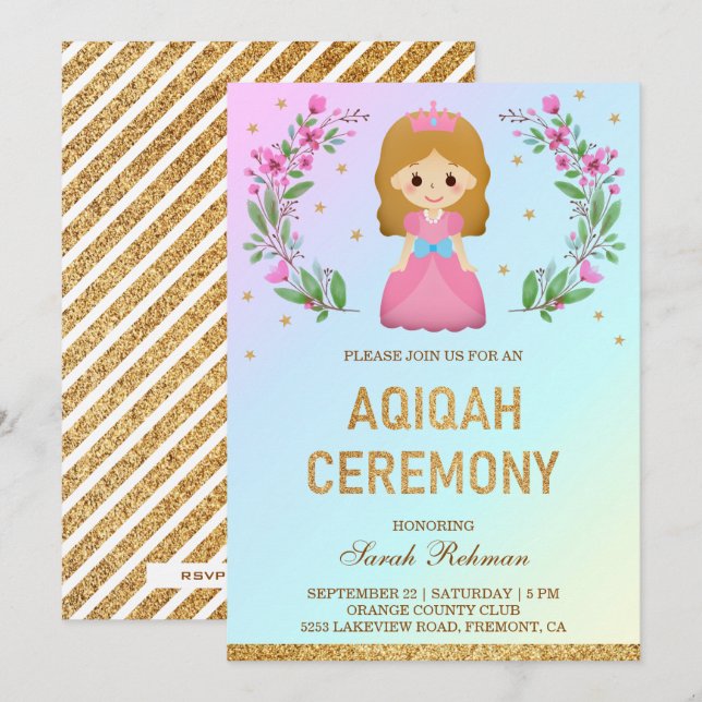 Convites Brilho Dourado Falso Princesa Rosa Fofo Aqiqah (Frente/Verso)