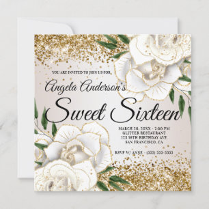 Convites Brilho Dourado Floral Branco Glam Doce Dezesseis