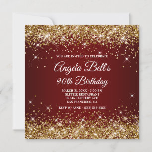 Convites Brilho Dourado Glitter Vermelho Escuro Aniversário