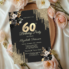 Convites Brilho Dourado Gotejando Rosas Pretas Aniversário