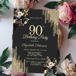 Convites Brilho Dourado Gotejante Rosas Pretas Aniversário