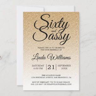 Convites Brilho Dourado Ombre 60 e 60th aniversário Sassy