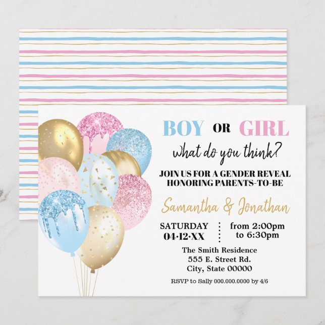 Convites Brilho Dourado Os balões de gênero revelam rosa ou (Frente/Verso)