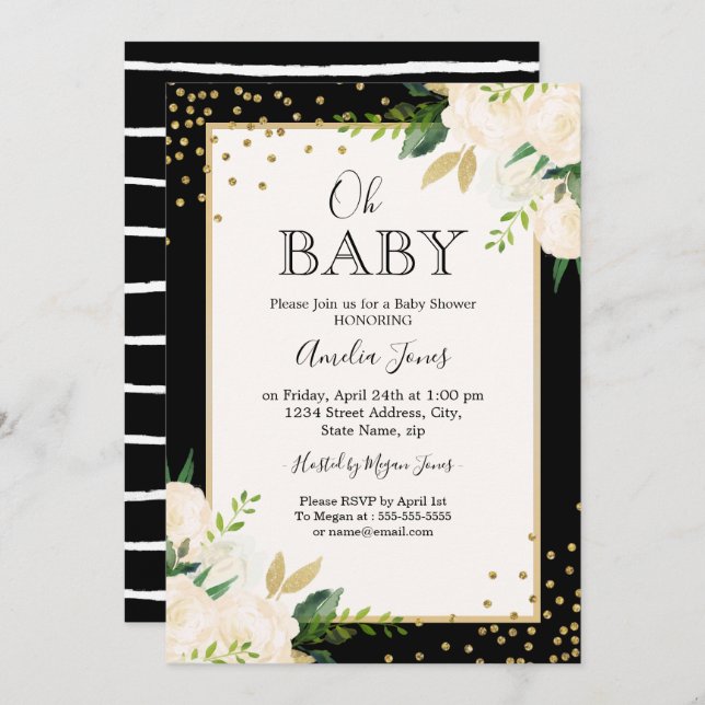 Convites Brilho Dourado  Rasgos Negros Oh Chá de fraldas (Frente/Verso)