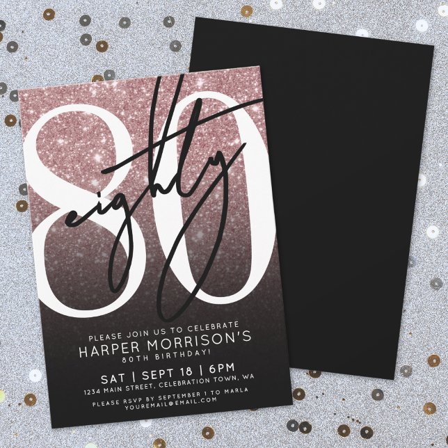 Convites Brilho Dourado Rosa Aniversário de 80 Anos (Rose Gold Glitter 80th Birthday Invitation )