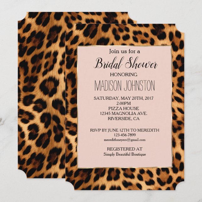 Convites Brilho Dourado Rosa Bege Estampa de Leopardo Chic (Frente/Verso)