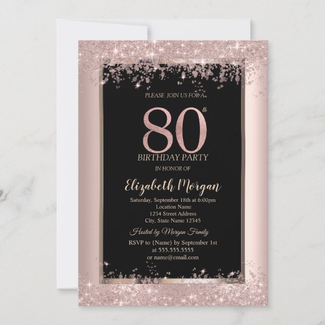 Convites Brilho Dourado Rosa Chic Faíscas Aniversário de 80 (Frente)