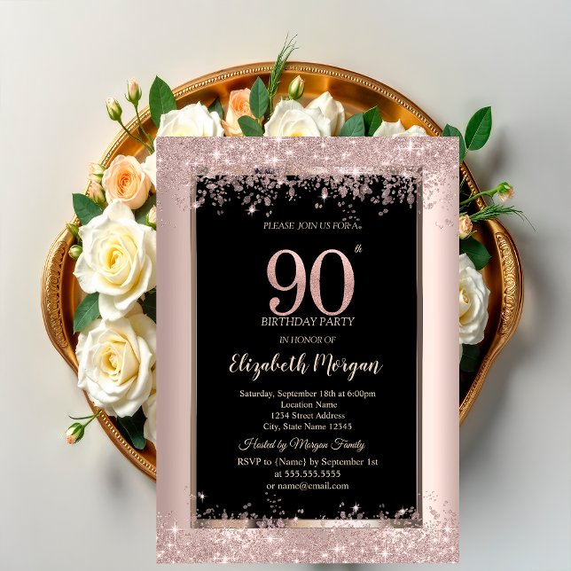 Convites Brilho Dourado Rosa Chic Faíscas Aniversário de 90 (Criador carregado)