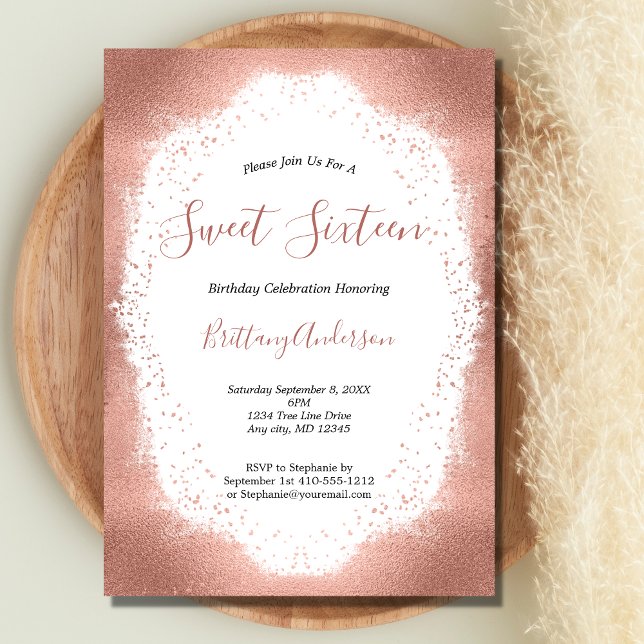 Convites Brilho Dourado Rosa Doce Dezesseis 16 Aniversário (Rose Gold Glitter Blush Pink Sweet Sixteen 16 Birthday Party Invitation)