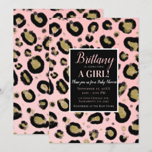 Convites Brilho Dourado Rosa e Chá de Bebê Estampa de Leopa