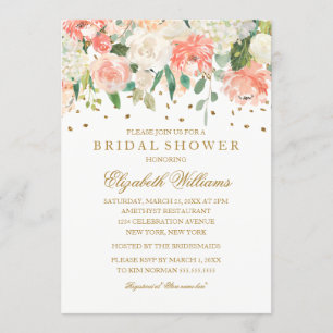 Convites Brilho Dourado Rosa Floral Chuva de Noiva