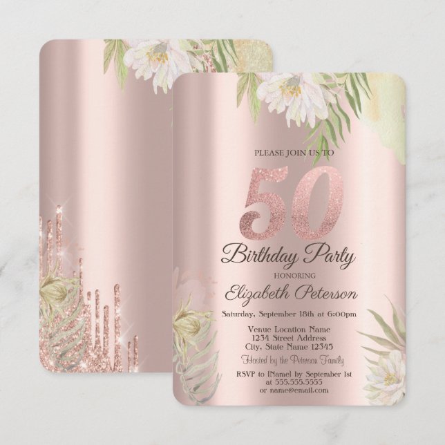 Convites Brilho Dourado Rosa Flores Boho 50º Aniversário (Frente/Verso)
