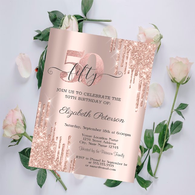 Convites Brilho Dourado Rosa Gotejante Aniversário de 50 an (Criador carregado)