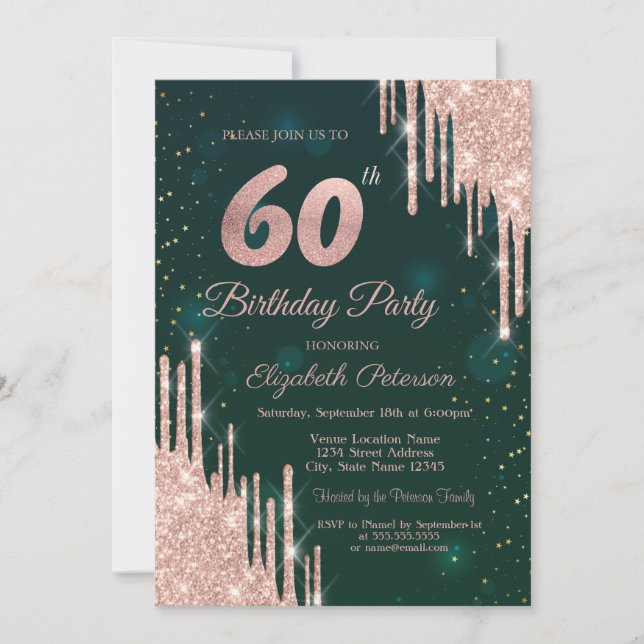 Convites Brilho Dourado Rosa Gotejante Aniversário de 60 An (Frente)