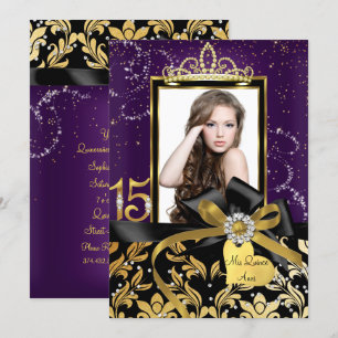 Convites Brilho Dourado Roxo Damask & Foto de Arco de Quinc