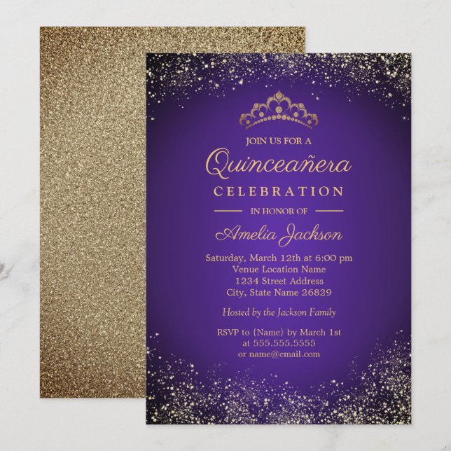 Convites Brilho Dourado Roxo Glitter Quinceanera 15º (Frente/Verso)