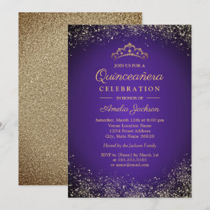 Convites Brilho Dourado Roxo Glitter Quinceanera 15º