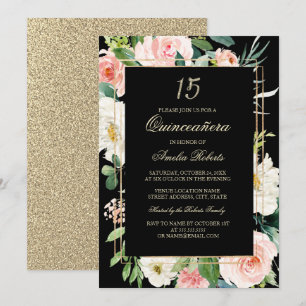 Convites Brilho Dourado Rubor Preto Floral Quinceanera