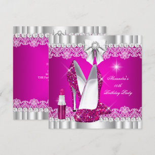Convites Brilho Elegante Glamour Rosa Quente Salto Alto Láb