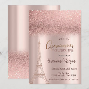 Convites Brilho em Degradê Dourado Rosa, Quinceanera Torre