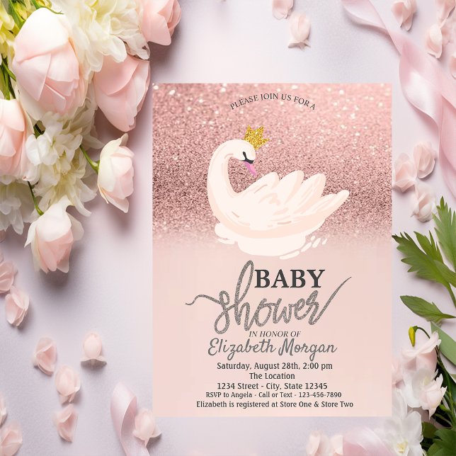 Convites Brilho em Dourado Rosa Bokeh, Chás de Bebê Cisne (Criador carregado)