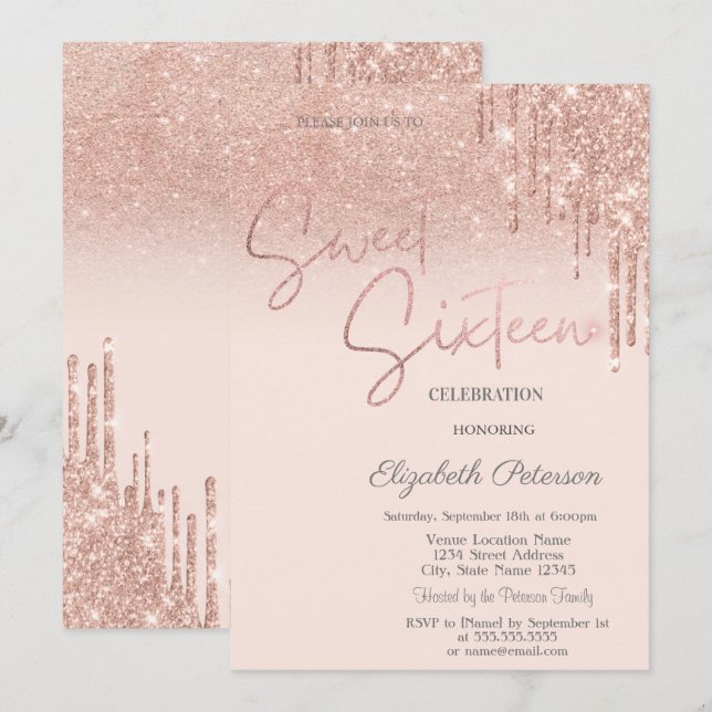 Convites Brilho em Rosa Dourado, Gotas para Sweet 16  (Frente/Verso)