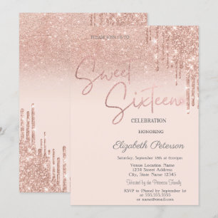Convites Brilho em Rosa Dourado, Gotas para Sweet 16