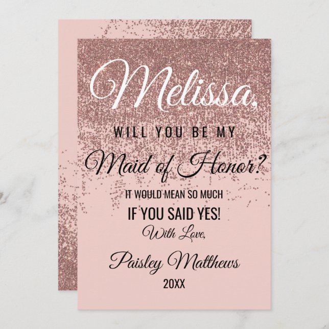 Convites Brilho em Rosa Dourado Rosa Bege Noiva Honorária (Frente/Verso)