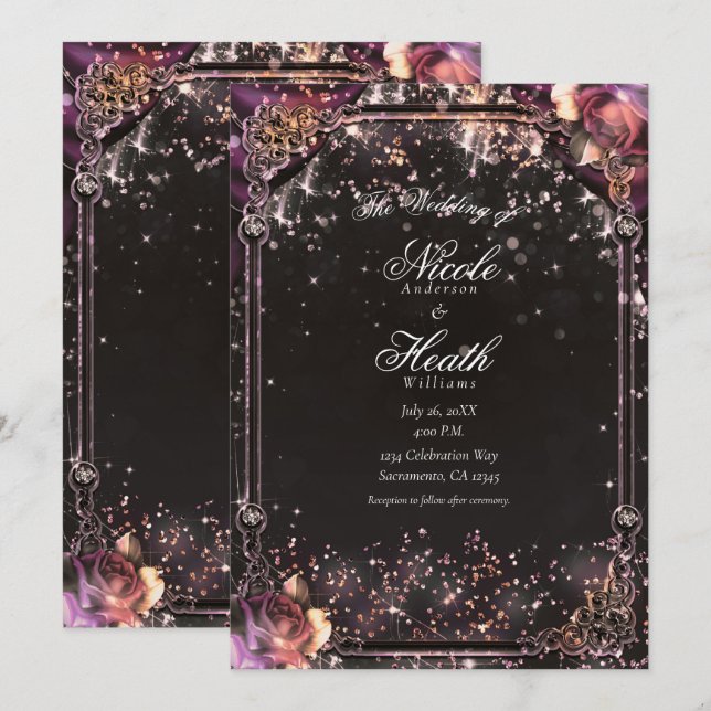 Convites Brilho Escuro Glitter Glam Luzes Flores Casamento (Frente/Verso)