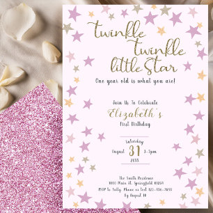 Convites Brilho Estrela Rosa Aniversário de 1 ano da Menina