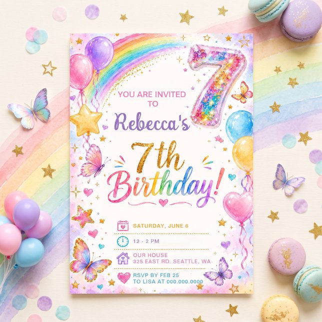 Convites Brilho Faísca 7º Aniversário Meninas Festa Arco-Ír (Glitter Sparkle 7th Birthday Girls Rainbow Party Invitation)