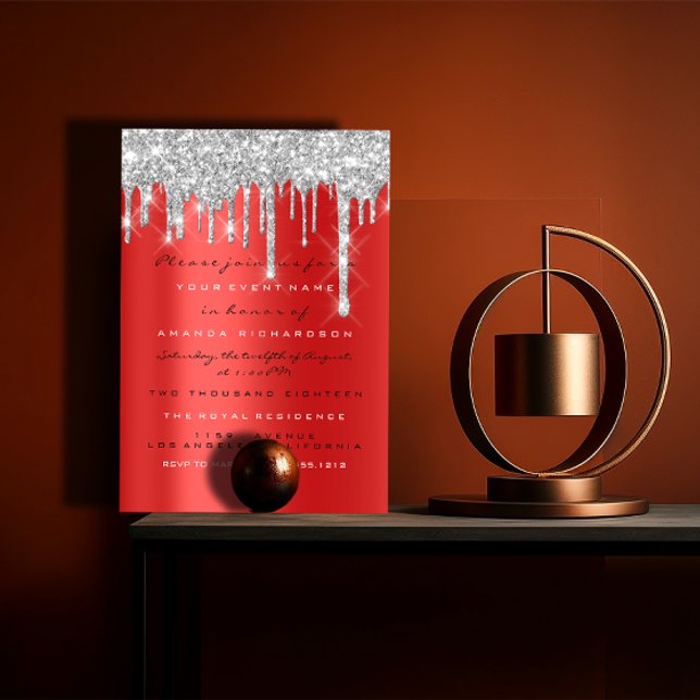 Convites Brilho Faísca Gotejamento Prata Vermelho Cinza Noi (Spark Glitter Drip Silver Red Gray Bridal 16th Invitation)