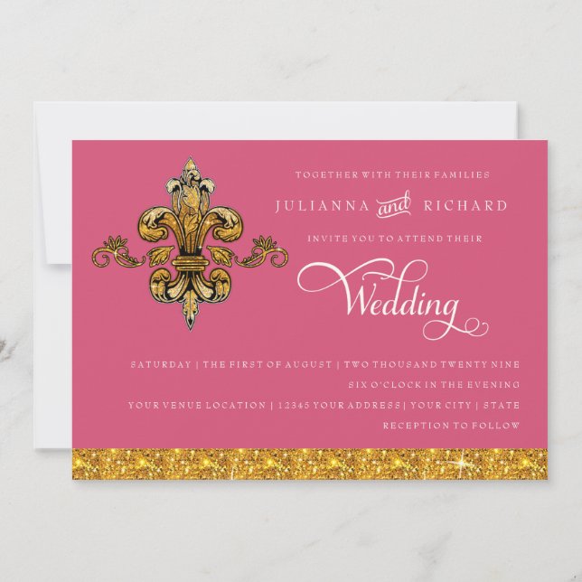Convites Brilho Falso Dourado Preto Formal Fleur de Lis (Verso)