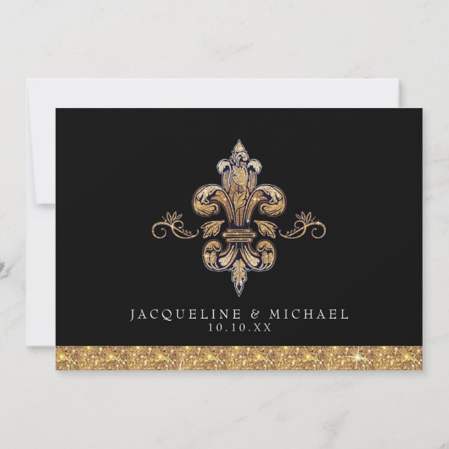 Convites Brilho Falso Dourado Preto Formal Fleur de Lis (Verso)