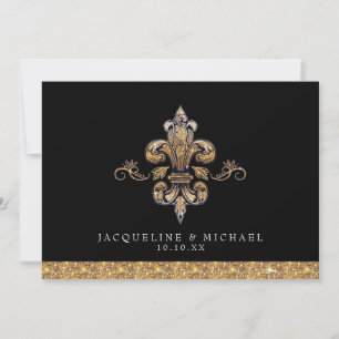 Convites Brilho Falso Dourado Preto Formal Fleur de Lis