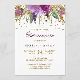 Convites Brilho Floral Amethisto Quinceanera Espelhante