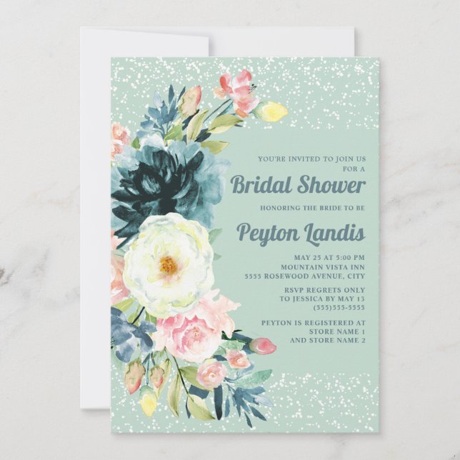 Convites Brilho Floral Creme Rosa Neo Menta Chá de Bebê (Frente)