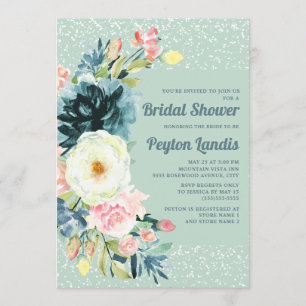 Convites Brilho Floral Creme Rosa Neo Menta Chá de Bebê