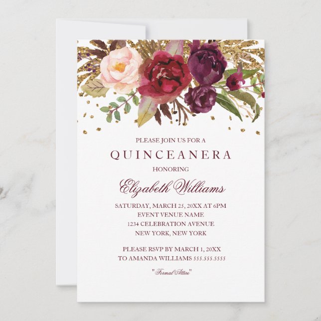 Convites Brilho Floral Espelhante Burgundy Quinceanera (Frente)
