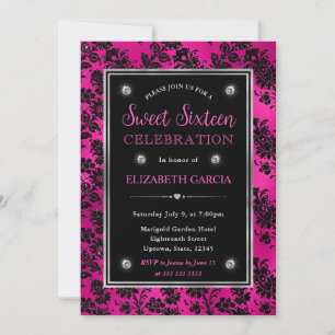Convites Brilho Floral Rosa e Preto Damask Doce 16