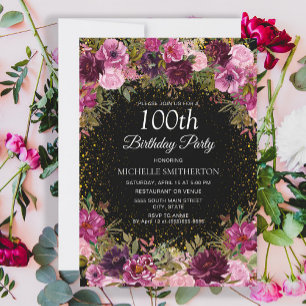 Convites Brilho Floral Rosa Roxo Preto Aniversário de 100 a