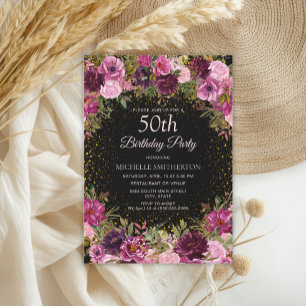 Convites Brilho Floral Rosa Roxo Preto Aniversário de 50 an