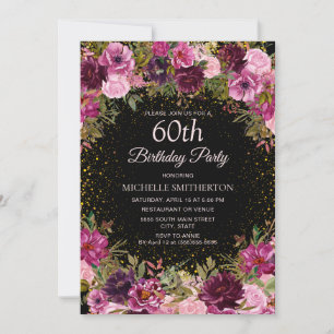 Convites Brilho Floral Rosa Roxo Preto Aniversário de 60 an