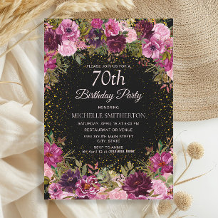 Convites Brilho Floral Rosa Roxo Preto Aniversário de 70 an
