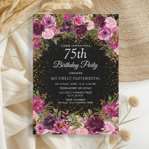 Convites Brilho Floral Rosa Roxo Preto Aniversário de 75 an