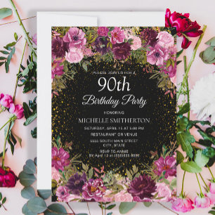 Convites Brilho Floral Rosa Roxo Preto Aniversário de 90 an
