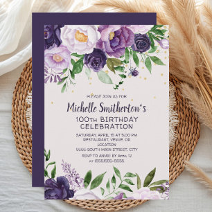 Convites Brilho Floral Roxo Aniversário de 100 anos