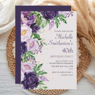 Convites Brilho Floral Roxo Aniversário de 40 anos