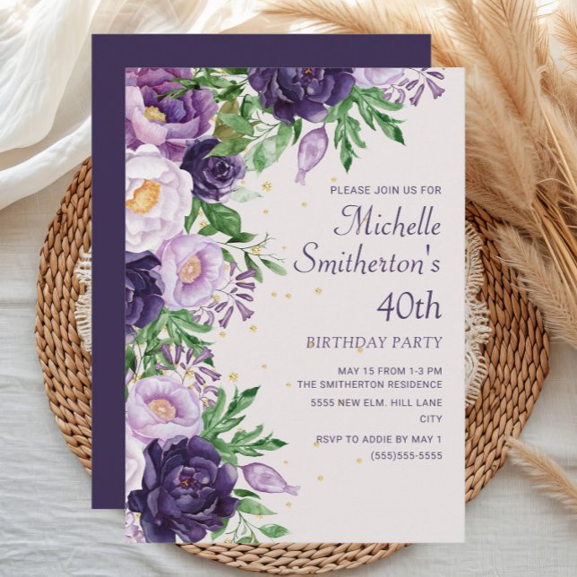 Convites Brilho Floral Roxo Aniversário de 40 anos (Purple watercolor floral women's 40th birthday party invitation)