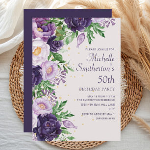 Convites Brilho Floral Roxo Aniversário de 50 anos